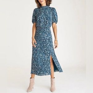 Ann Taylor Spotted Puff Sleeve Midi Flare Dress